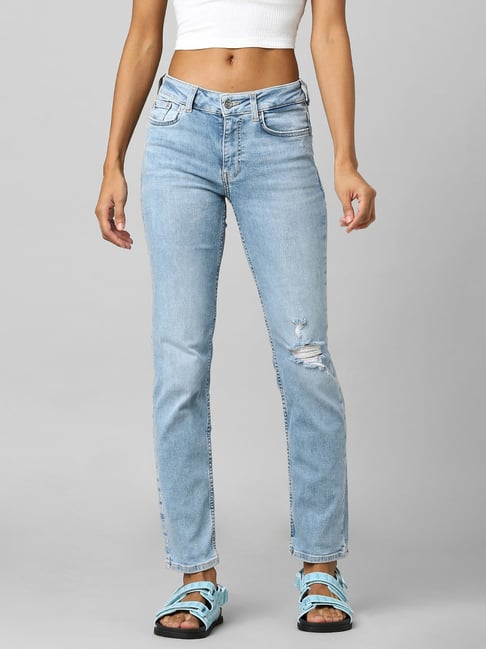 Only Light Blue Regular Fit Heavily Washed Jeans