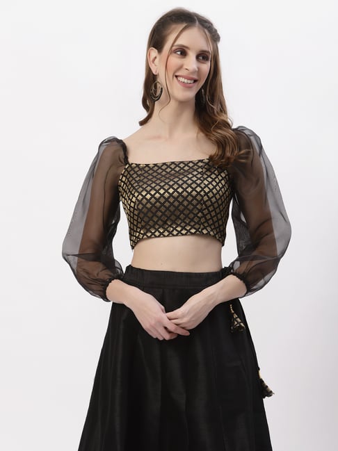 Peach Lehenga in net with black sequin crop top online - House Of Sitara -  3337599