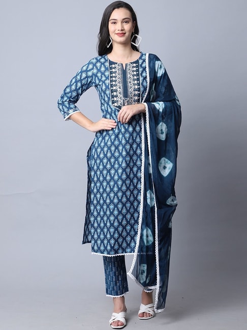 Rajnandini Blue Printed Kurta Pant Set With Dupatta Price in India