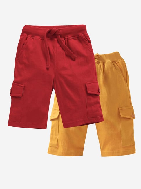 Kiddopanti Kids Mustard & Red Solid Cargo Shorts (Pack Of 2)-picture-12