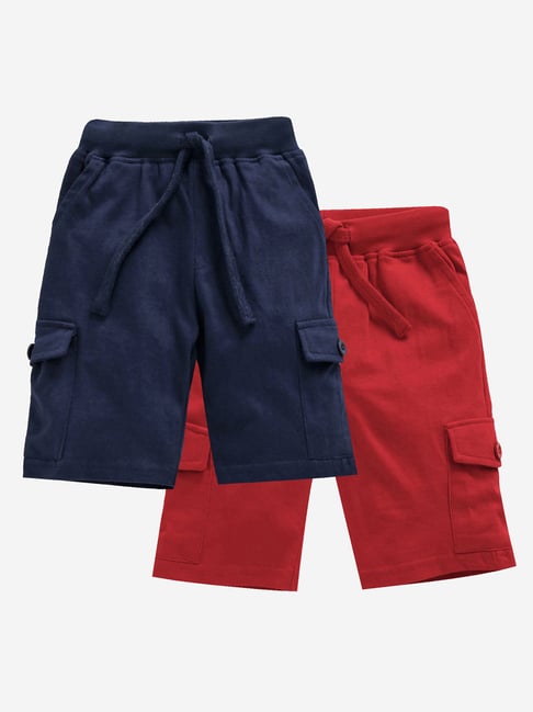 Kiddopanti Kids Red Navy Solid Cargo Shorts (Pack Of 2)