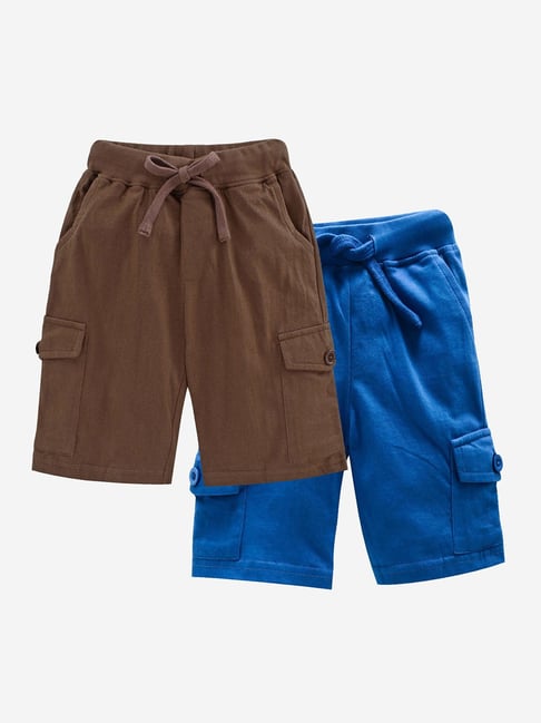 Kiddopanti Kids Royal Blue & Brown Solid Cargo Shorts (Pack Of 2)-picture-10