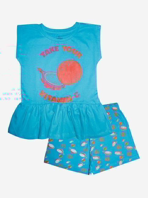 Kiddopanti Kids Aqua Blue Printed T-Shirt with Shorts-picture-27