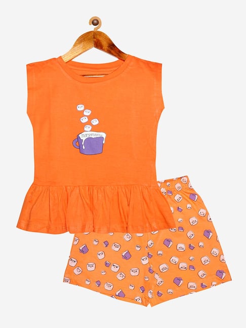 Kiddopanti Kids Orange Printed T-Shirt with Shorts-picture-48