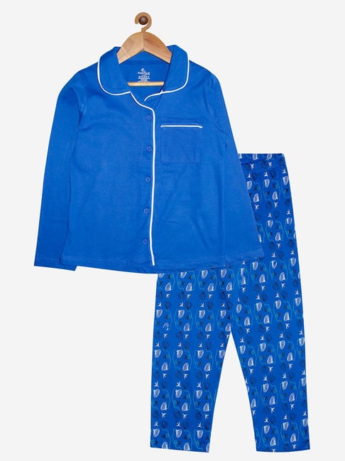 Kiddopanti Kids Royal Blue Printed Shirt with Pyjamas-picture-43