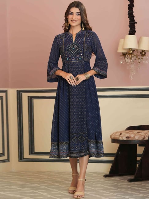 Buy Juniper Blue Embroidered A-Line Dress for Women Online @ Tata CLiQ