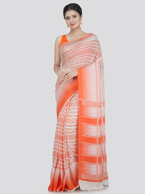Pinkloom White & Orange Cotton Woven Saree With Unstitched Blouse-picture-46