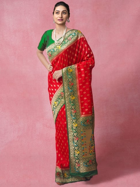 Unnati Silks Red Silk Woven Saree With Unstitched Blouse Price in India