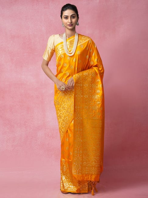 Unnati Silks Orange Cotton Silk Woven Saree With Unstitched Blouse Price in India