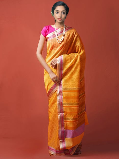 Unnati Silks Yellow Cotton Silk Printed Saree With Unstitched Blouse Price in India