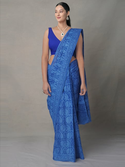 Unnati Silks Blue Cotton Printed Saree With Unstitched Blouse Price in India