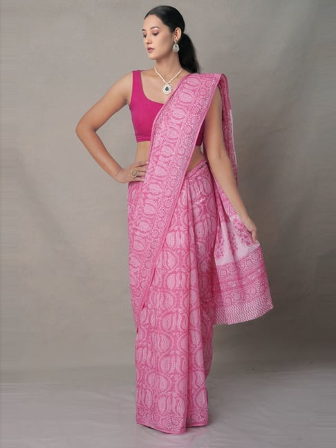 Unnati Silks Pink Cotton Printed Saree With Unstitched Blouse Price in India