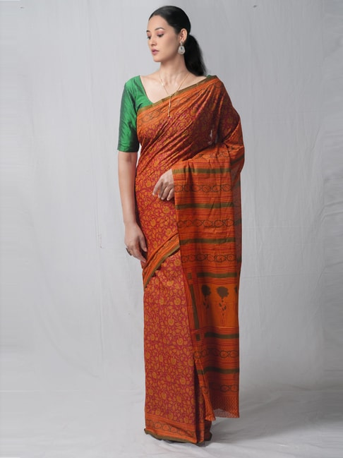 Unnati Silks Rust Cotton Printed Saree With Unstitched Blouse Price in India