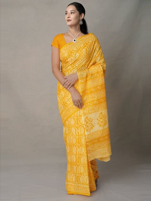 Unnati Silks Yellow Cotton Printed Saree With Unstitched Blouse Price in India