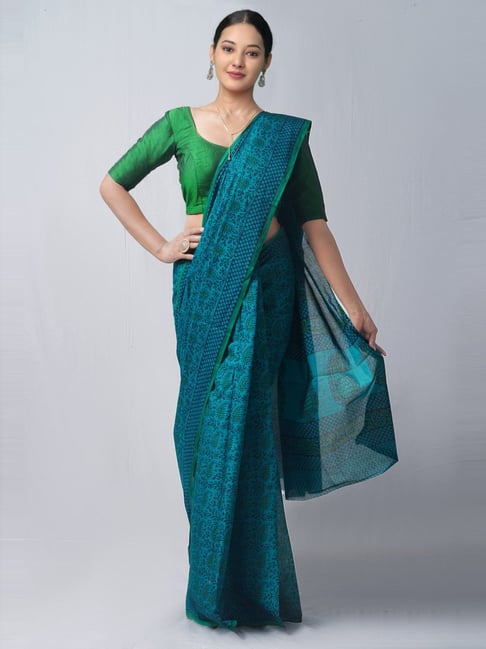 Unnati Silks Blue & Green Cotton Printed Saree With Unstitched Blouse Price in India