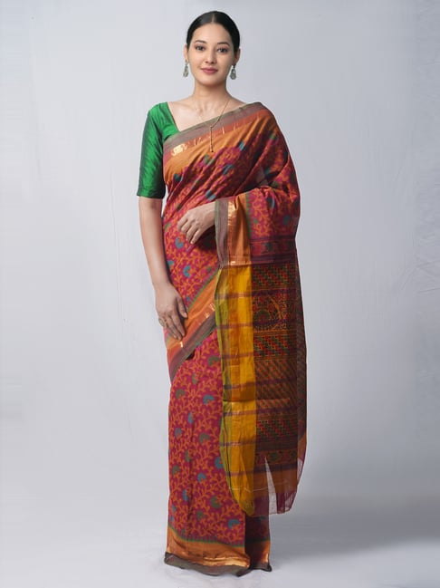 Unnati Silks Pink & Orange Cotton Printed Saree With Unstitched Blouse Price in India