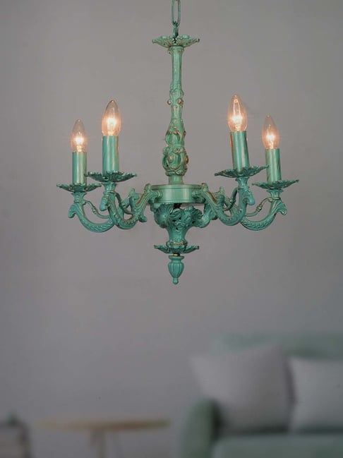 FOS LIGHTING Distressed White & Green Aluminium 5-In-1 Candlebra Chandelier