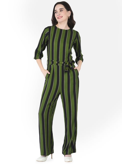 Buy Crimsoune Club Green Black Striped Jumpsuit for Women Online