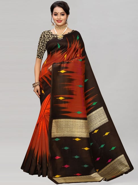 Satrani Brown Printed Saree With Unstitched Blouse Price in India