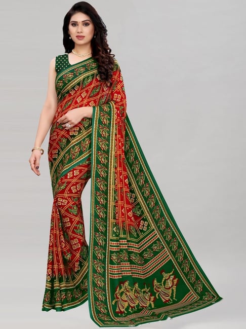 Satrani Red Bandhani Print Saree With Unstitched Blouse Price in India