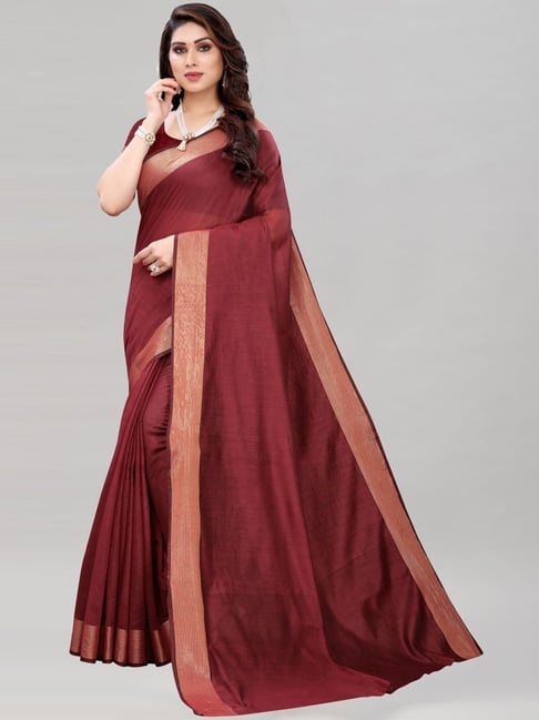 Satrani Maroon Woven Saree With Unstitched Blouse Price in India