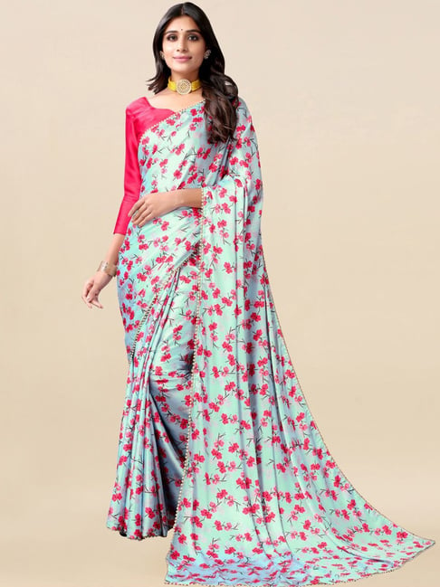 Satrani Sky Blue Floral Print Saree With Unstitched Blouse Price in India
