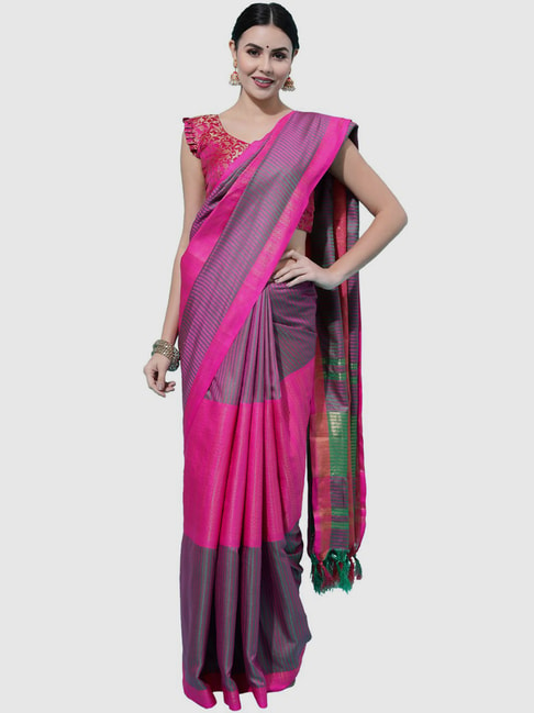 Satrani Pink Cotton Silk Woven Saree With Unstitched Blouse Price in India