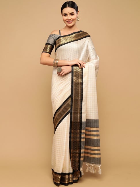 Satrani Off-White Chequered Saree With Unstitched Blouse Price in India