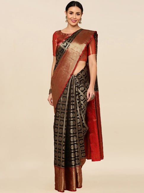 Satrani Black & Red Woven Saree With Unstitched Blouse Price in India