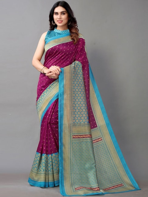 Satrani Purple & Blue Printed Saree With Unstitched Blouse Price in India