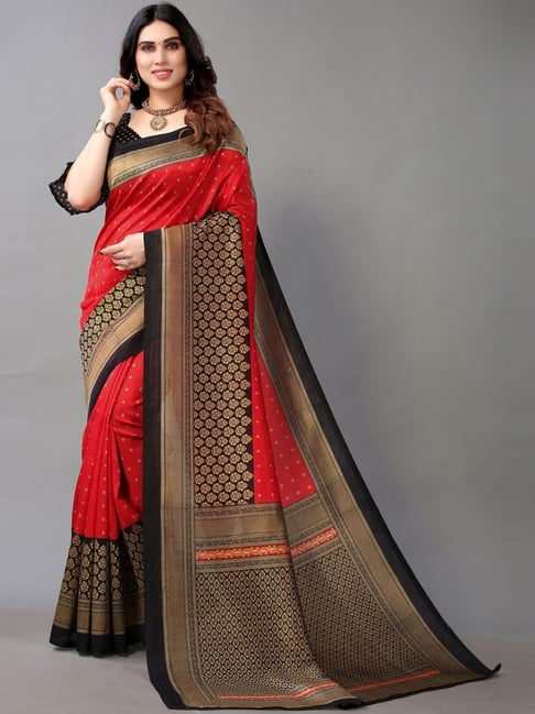 Red And Black Chanderi Silk Saree - Palki Boutique