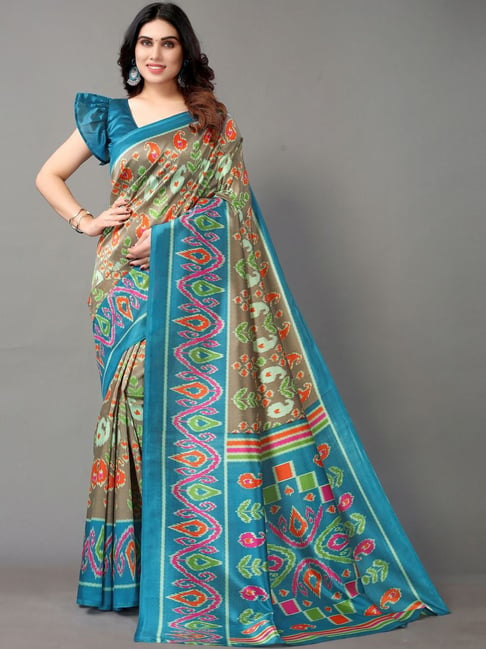 Satrani Blue & Brown Printed Saree With Unstitched Blouse Price in India