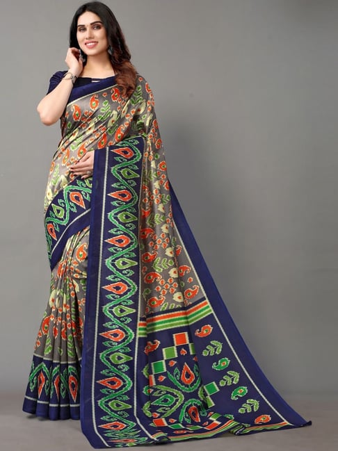 Satrani Navy & Grey Printed Saree With Unstitched Blouse Price in India