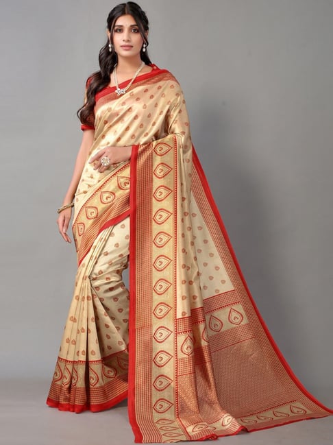 Satrani Beige & Red Printed Saree With Unstitched Blouse Price in India