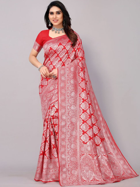 Satrani Red & Silver Woven Saree With Unstitched Blouse Price in India