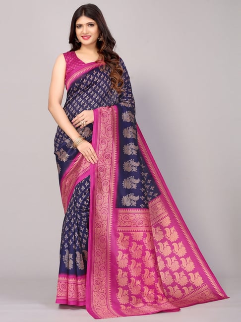 Satrani Navy & pink Printed Saree With Unstitched Blouse Price in India