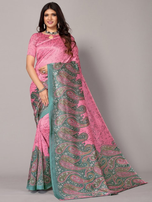 Satrani Pink Paisley Print Saree With Unstitched Blouse Price in India