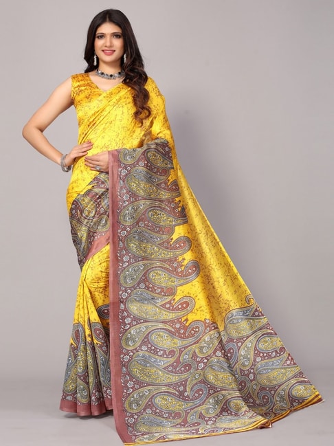 Satrani Yellow Paisley Print Saree With Unstitched Blouse Price in India