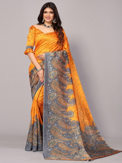 Satrani Orange Paisley Print Saree With Unstitched Blouse Price in India