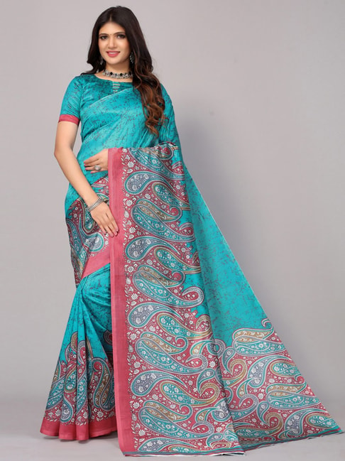 Satrani Blue Paisley Print Saree With Unstitched Blouse Price in India
