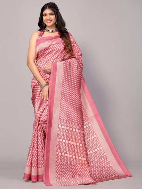 Satrani Pink Printed Saree With Unstitched Blouse Price in India