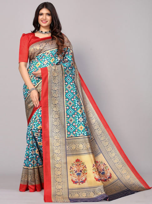 Satrani Sky Blue Bandhani Print Saree With Unstitched Blouse Price in India