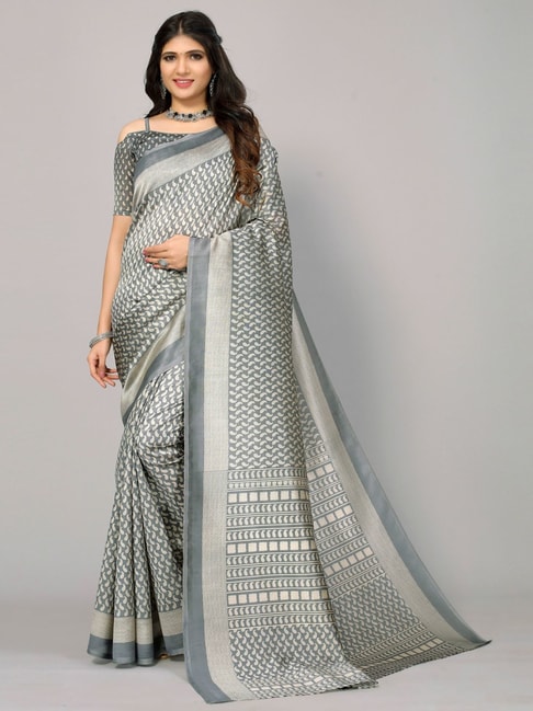 Satrani Grey Printed Saree With Unstitched Blouse Price in India