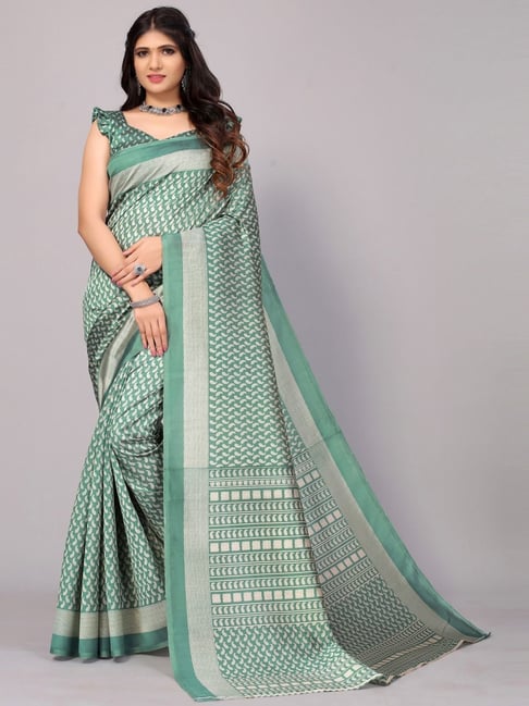 Satrani Green Printed Saree With Unstitched Blouse Price in India