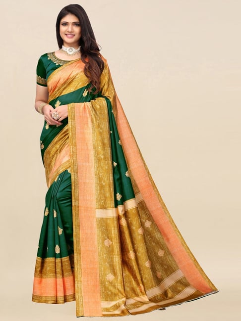 Satrani Green & Yellow Printed Saree With Unstitched Blouse Price in India