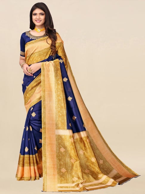 Satrani Blue & Yellow Printed Saree With Unstitched Blouse Price in India