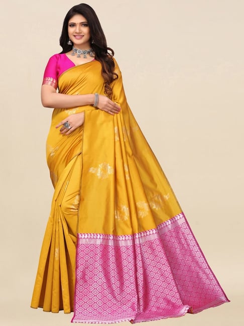Satrani Yellow Woven Saree With Unstitched Blouse Price in India