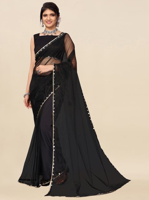 Satrani Black Saree With Unstitched Blouse Price in India