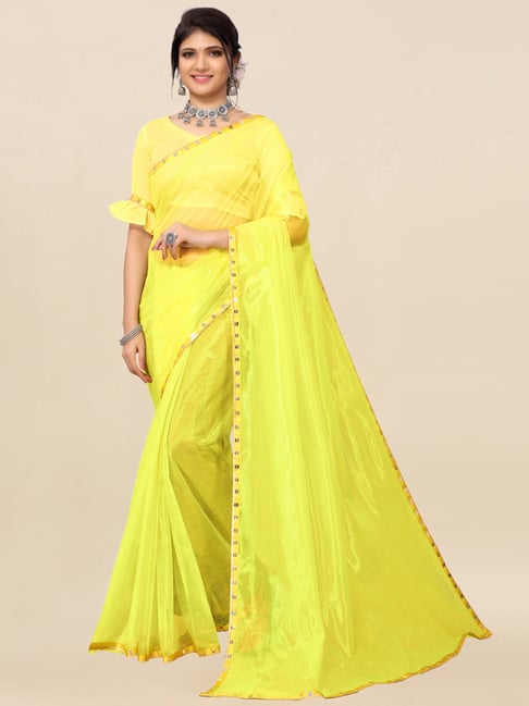 Satrani Yellow Saree With Unstitched Blouse Price in India