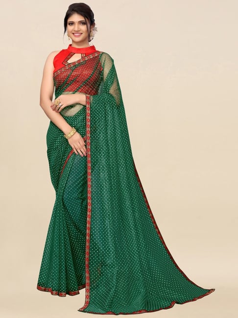 Satrani Dark Green Polka Dots Saree With Unstitched Blouse Price in India